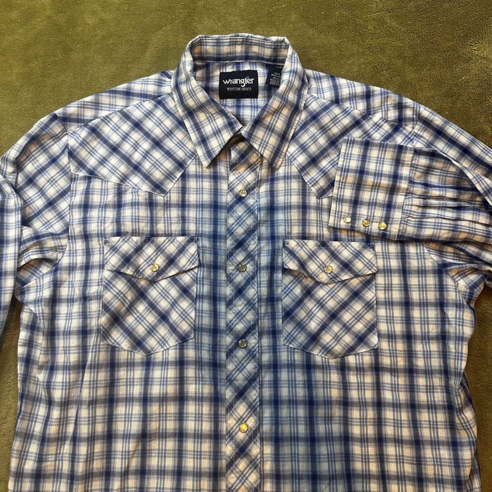 Wrangler Mens Western Shirt Blue White Plaid Pearl Snap Long Sleeve Large L